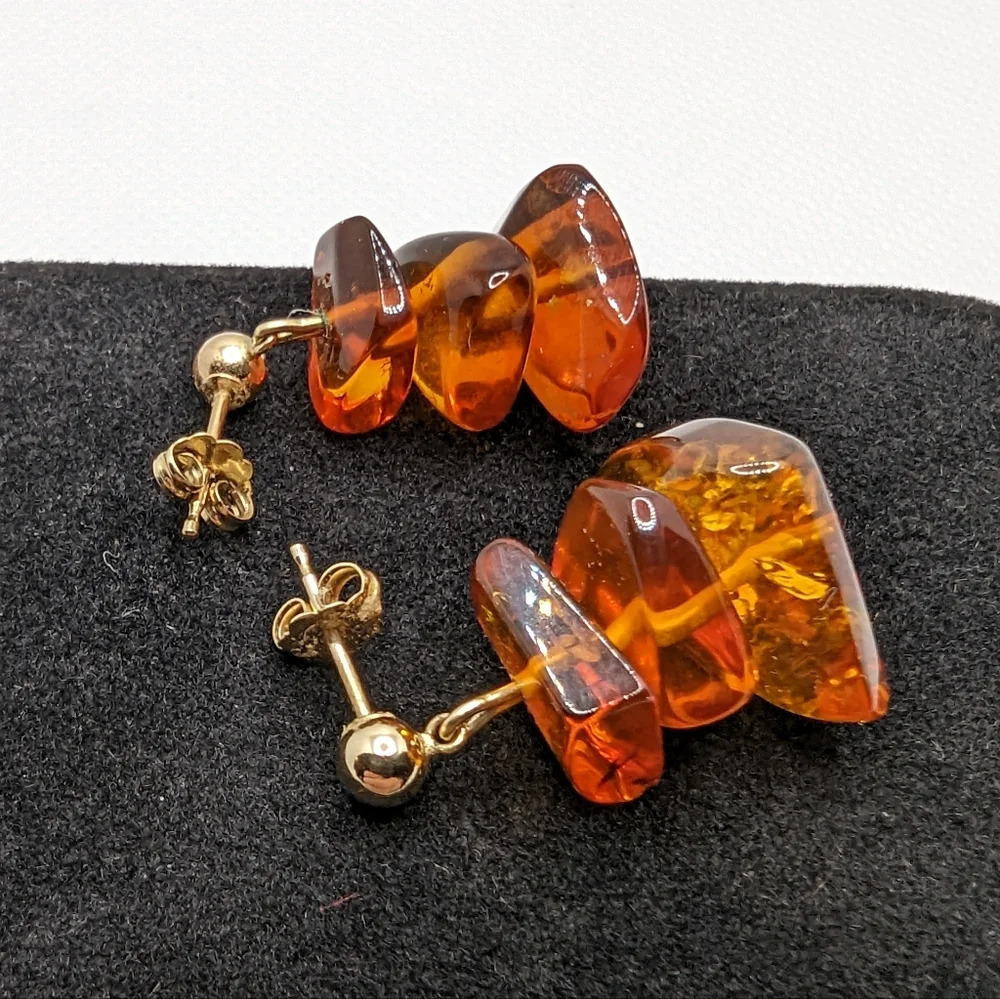 ✨ 14k Natural Baltic Amber Triple-Drop Earrings ✨